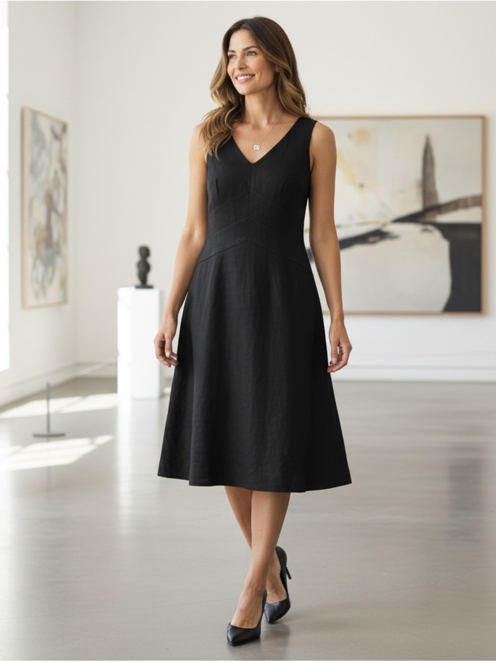 TALBOTS Vtg Black Lined 100% Irish Linen Sleeveless Midi A-line Dress Size 10